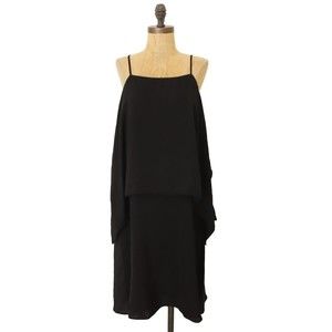 Paris Sunday Tiered Layered Dress L Spaghetti Strap Flowing Black Knee Length B7